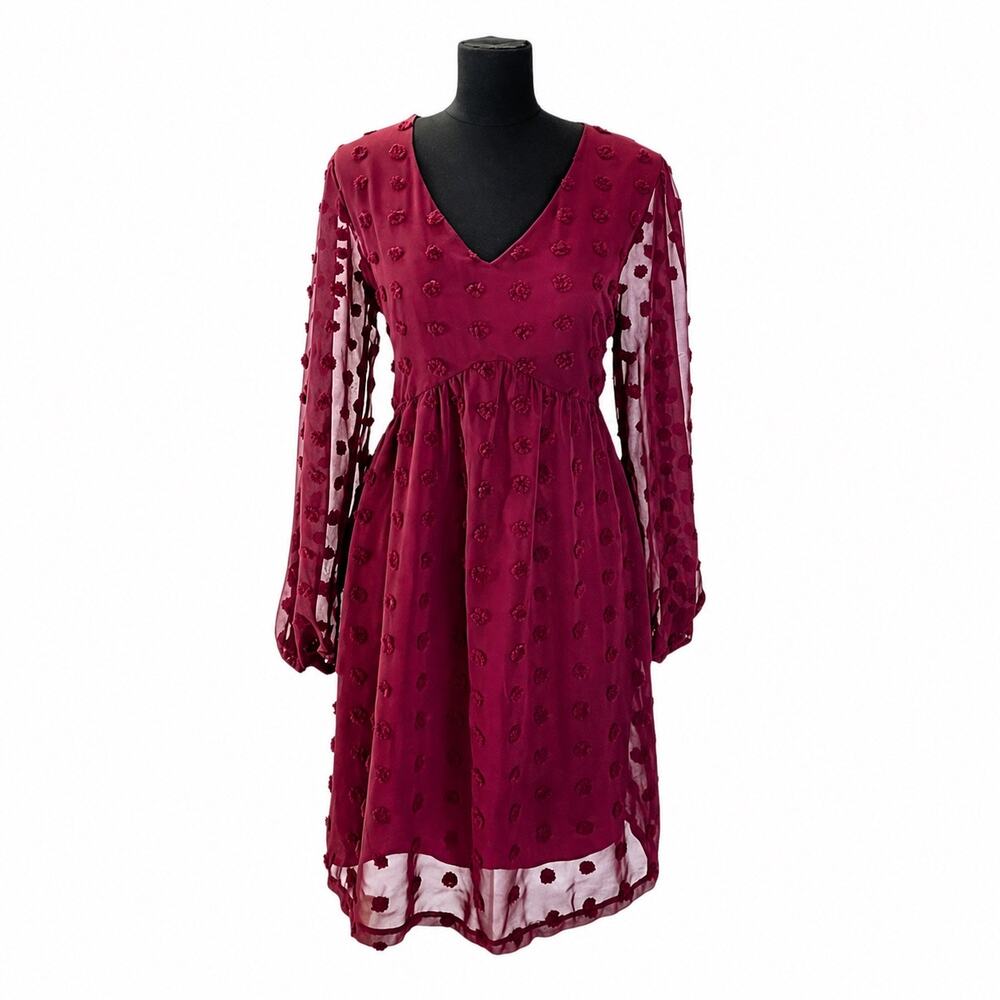 Kirundo Burgundy Boho Dress Swiss Dot Sheer Sleeve V-Neck